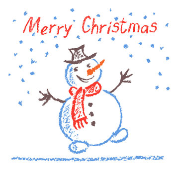 Crayon child's drawing merry christmas funny snowman with lettering on white. Pastel hand painting. Kids drawing vector illustration.