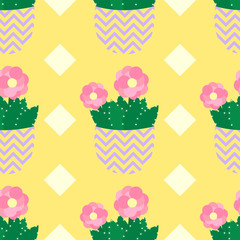 Seamless pattern with cactus and flowers in green and pink on pink background. Mexican cactus seamless print. Cute cacti, flowerpots.