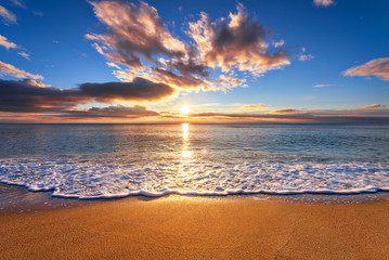 Panoramic dramatic sunset sky and tropical sea at dusk
