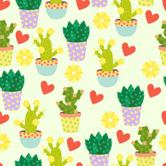 Seamless pattern with cute cacti, flowers and hearts. Mexican cactus seamless print. Cute pattern with cactus and flower on a cream background.