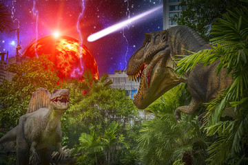 two dinosaurs fighting during the end of earth