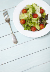 A dish of classic side salad on a blue wooden table background, with fork and blank space below