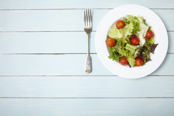 A dish of classic side salad on a blue wooden table background, with fork and empty space at side