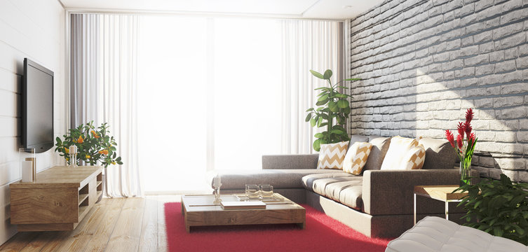 Soggiorno con divano e televisore luminoso con vista render 