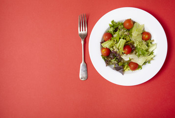 A dish of classic side salad on a bright red background with fork and empty space at side
