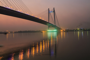 Vidyasagar setu (bridge) on river Hooghly at twilight time. The longest cable bridge in India.