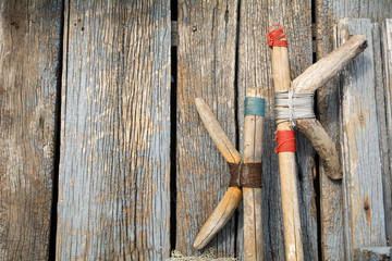 The art of wooden sticks on the wooden floor.(wood background)