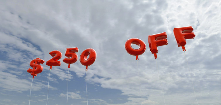 $250 OFF - red foil balloons on blue sky - 3D rendered royalty free stock picture. This image can be used for an online website banner ad or a print postcard.