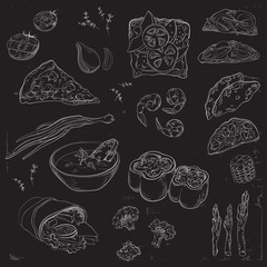 Collection of hand-drawn food on blackboard. Organic restaurant background template on chalkboard.