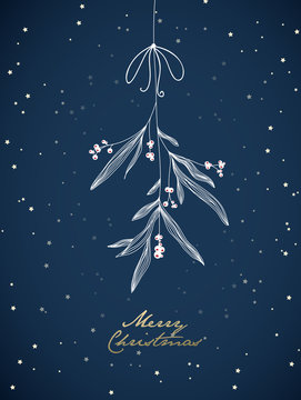 Handwritten Christmas illustration with hanging mistletoe. Night