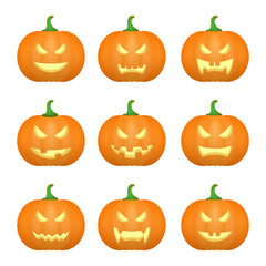 Halloween carved pumpkins. Carved face emotions set. Vector