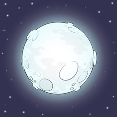 Cartoon Full Moon with stars. Dark starry night. Vector illustration