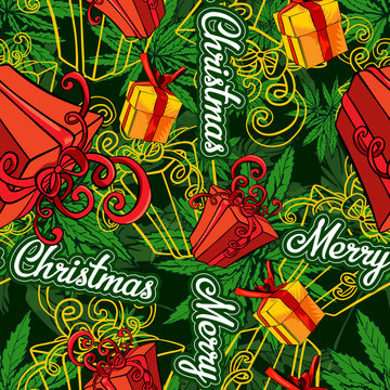 Gift box, vector image seamless background. Seamless pattern with marijuana leafs.
