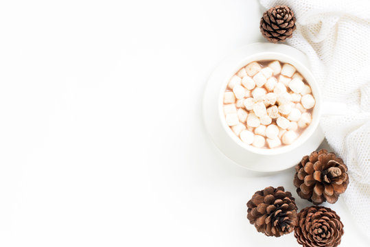 cup of hot cocoa or chocolate top with marshmallow on white background and pine cone from above
