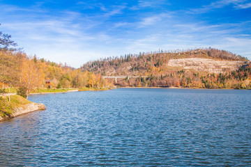     Bridge over the Bajer Lake in Fuzine, Gorski kotar, Croatia, beautiful autumn landscape 