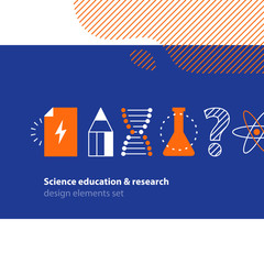 Scientific research, science education icons set