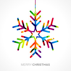 Merry Christmas card, hanging colorful snowflake
