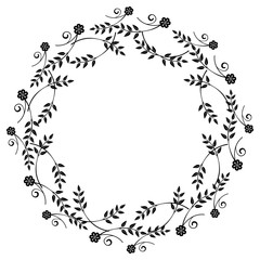 Black and white round frame with floral silhouettes. 