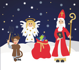 Cute St. Nicholas with devil and angel,Christmas invitation, card. Flat design, vector illustration, winter background