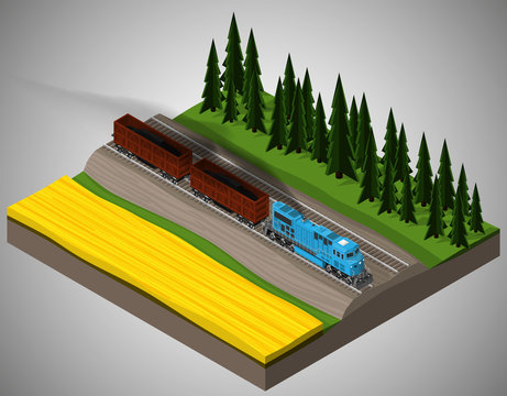 Vector isometric illustration of an element of railroad tracks with train consisting of locomotive and rail car for transportation of bulk cargoes. Rail transportation.