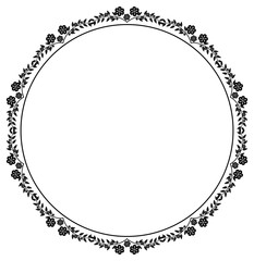 Black and white round frame with floral silhouettes. 