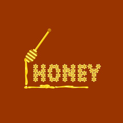 Honey falling from wooden dipper isolated on amber background. Cartoon flowers sweet nectar symbol. Design idea food sign emblem. Golden healthy liquid drops dipping from stick. Vector illustration