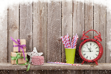 Christmas gift boxes, alarm clock and food decor
