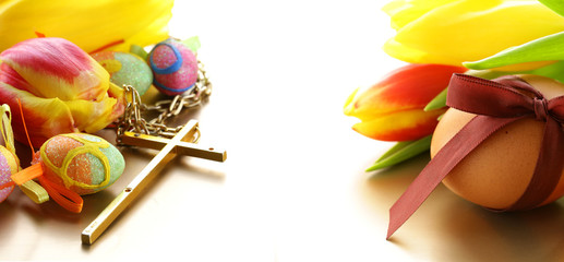 Easter colored eggs. Traditional Easter decoration and symbol.