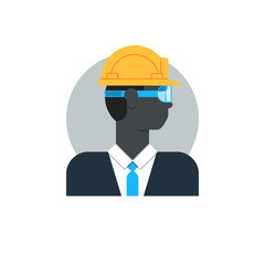 Black man side view, civil engineer in hard hat, white collar management