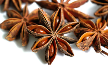 Star shaped anise seeds on a white background