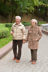 Beautiful lderly couple walking in the autumn park