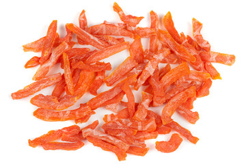 Candied pumpkin, isolated on white background. Homemade sweetness of dried fruit. Culinary dessert.