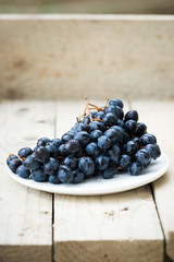 Bunch of ripe blue grapes on a light wooden background