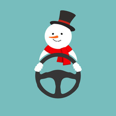 Snowman with steering wheel. Vector illustration.