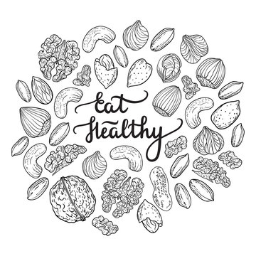 Illustration of nuts mix and lettering Eat Healthy