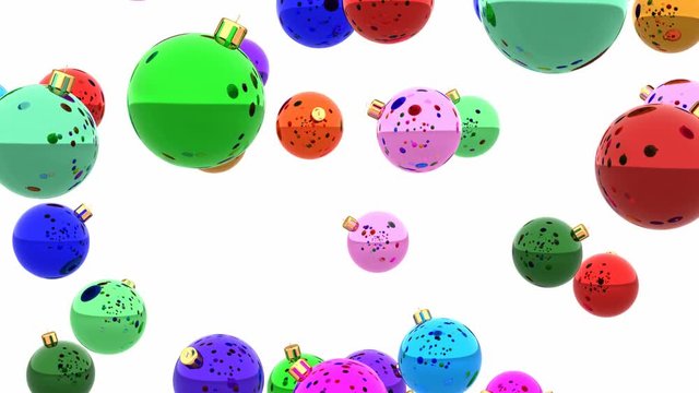 Colorful glossy Christmas balls slowly falling from the top seamless looping 3D animation with alpha matte