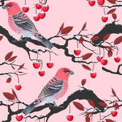 Birds and cherry tree seamless
