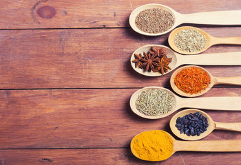 assortment of spices in spoon