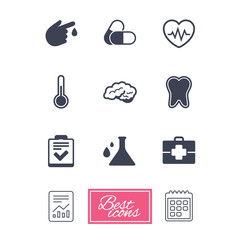 Medicine, healthcare and diagnosis icons. Tooth, pills and doctor case signs. Neurology, blood test symbols. Report document, calendar icons. Vector