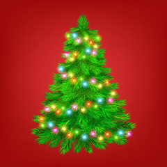 beautiful decorated Christmas tree . New Years abstract background with glowing lights   with Copy Space