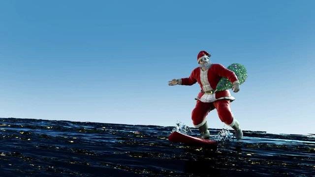 Santa Claus on a surfboard congratulates render 3D