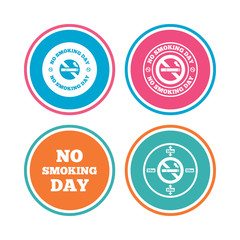 No smoking day icons. Against cigarettes signs. Quit or stop smoking symbols. Colored circle buttons. Vector