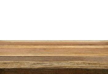 Empty plank wood table top isolate on white background.