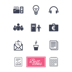 Office, documents and business icons. Accounting, human resources and group signs. Mail, ideas and money case symbols. Report document, calendar icons. Vector