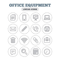 Office equipment icons. Computer, printer and smartphone. Wi-fi, chat speech bubble and copy documents. Presentation board, paperclip with pencil and magnifying glass. Vector