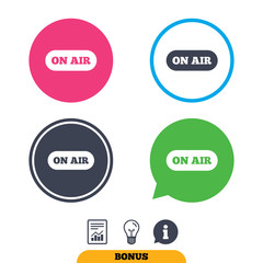 On air sign icon. Live stream symbol. Report document, information sign and light bulb icons. Vector