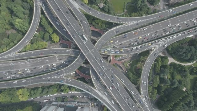Massive intersection seen from above on a sunny day in Shanghai, China