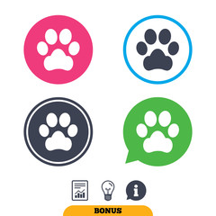 Dog paw sign icon. Pets symbol. Report document, information sign and light bulb icons. Vector