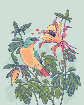 Vector illustration of a bird and flowers