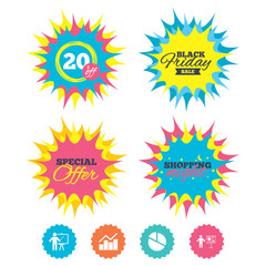 Shopping night, black friday stickers. Diagram graph Pie chart icon. Presentation billboard symbol. Man standing with pointer sign. Special offer. Vector